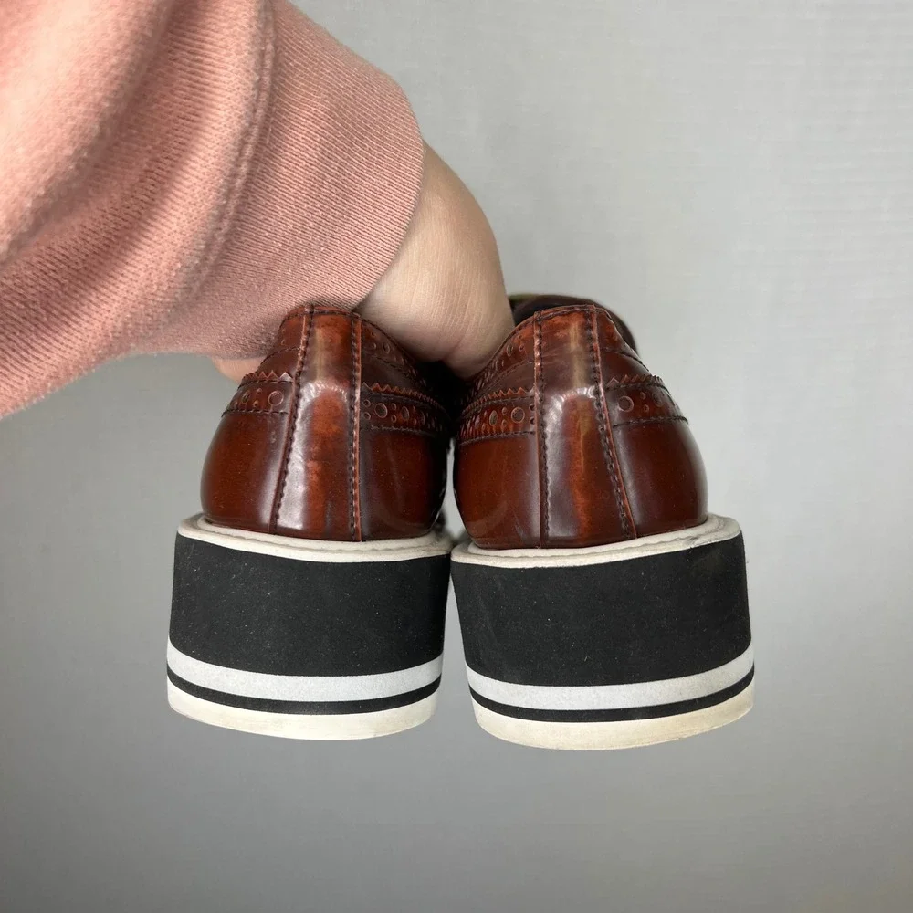 PRADA‎ Designer Men's Brown Leather Wingtip Platform Brogues Dress Shoes Size 39